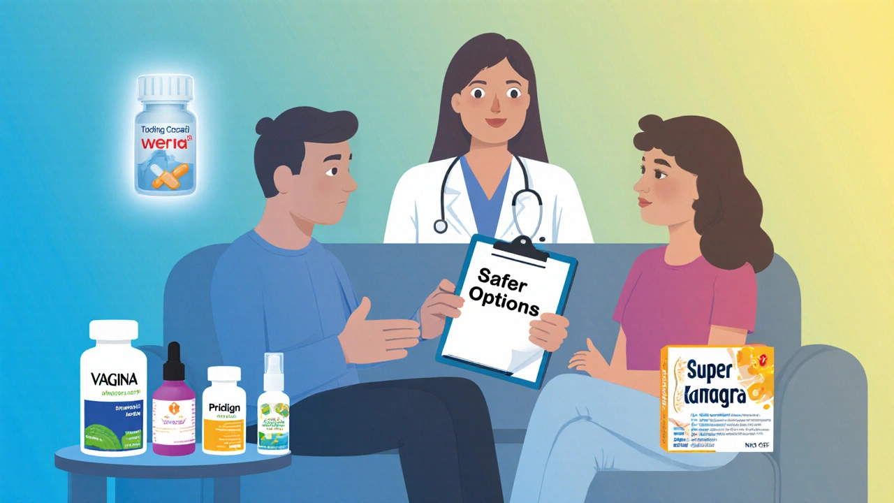 A man and woman talking with a doctor, surrounded by safer alternatives to Super Kamagra, with the pill fading in the background.