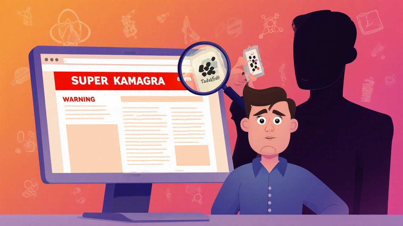 A man at a computer viewing an online pharmacy with a shadowy figure examining a fake pill, under warm gradient lighting.