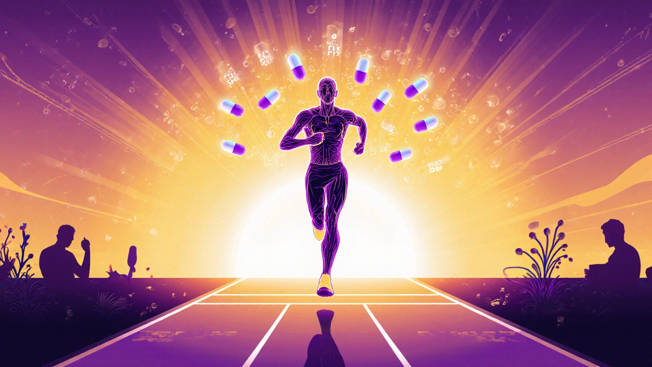 Athlete triumphantly crosses finish line surrounded by glowing supplement orbs.