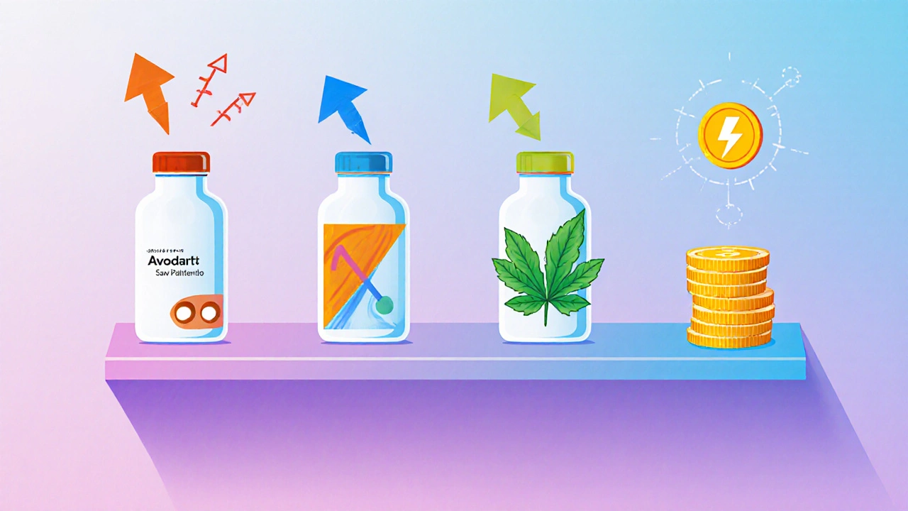 Cartoon bottles of Avodart, finasteride, saw palmetto, and beta‑sitosterol with visual icons for efficacy and side effects.