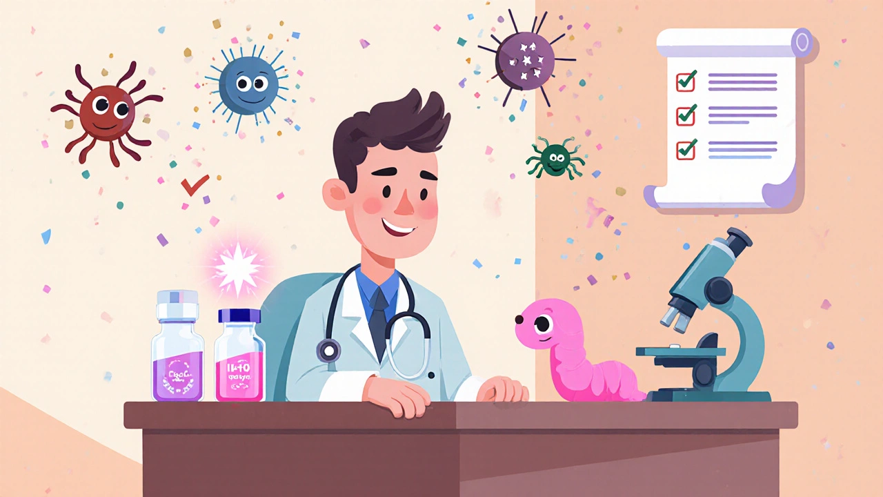 Cartoon doctor office showing vaccine, helminth therapy, and immune symbols.