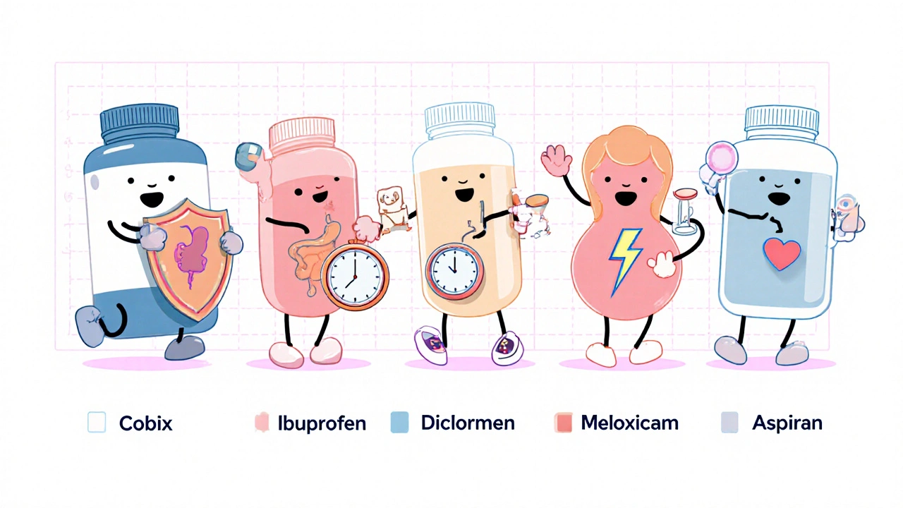 Cartoon mascots of six NSAIDs each holding icons for their main features.