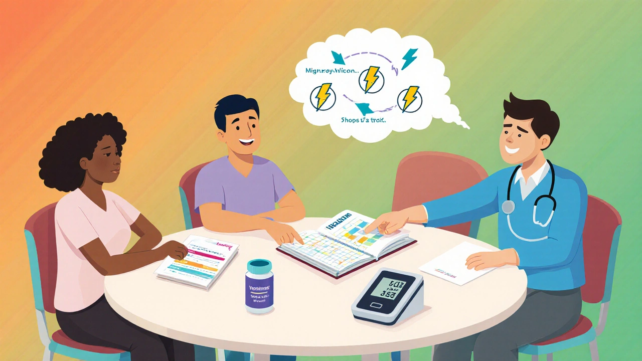 Cartoon of patients at a table reviewing headache diaries with an Irbesartan bottle and a doctor pointing to reduced migraine icons.