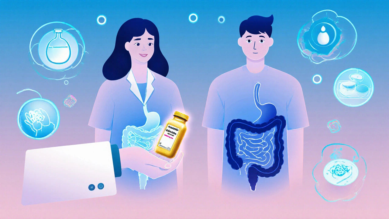 Contrasting healthy and infected human bodies with albendazole tablet being handed over, surrounded by hygiene symbols.
