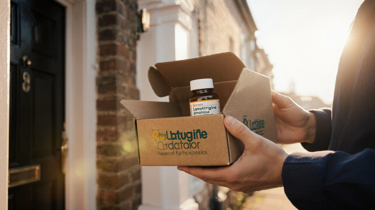 Courier delivering a box of generic lamotrigine to a home door.