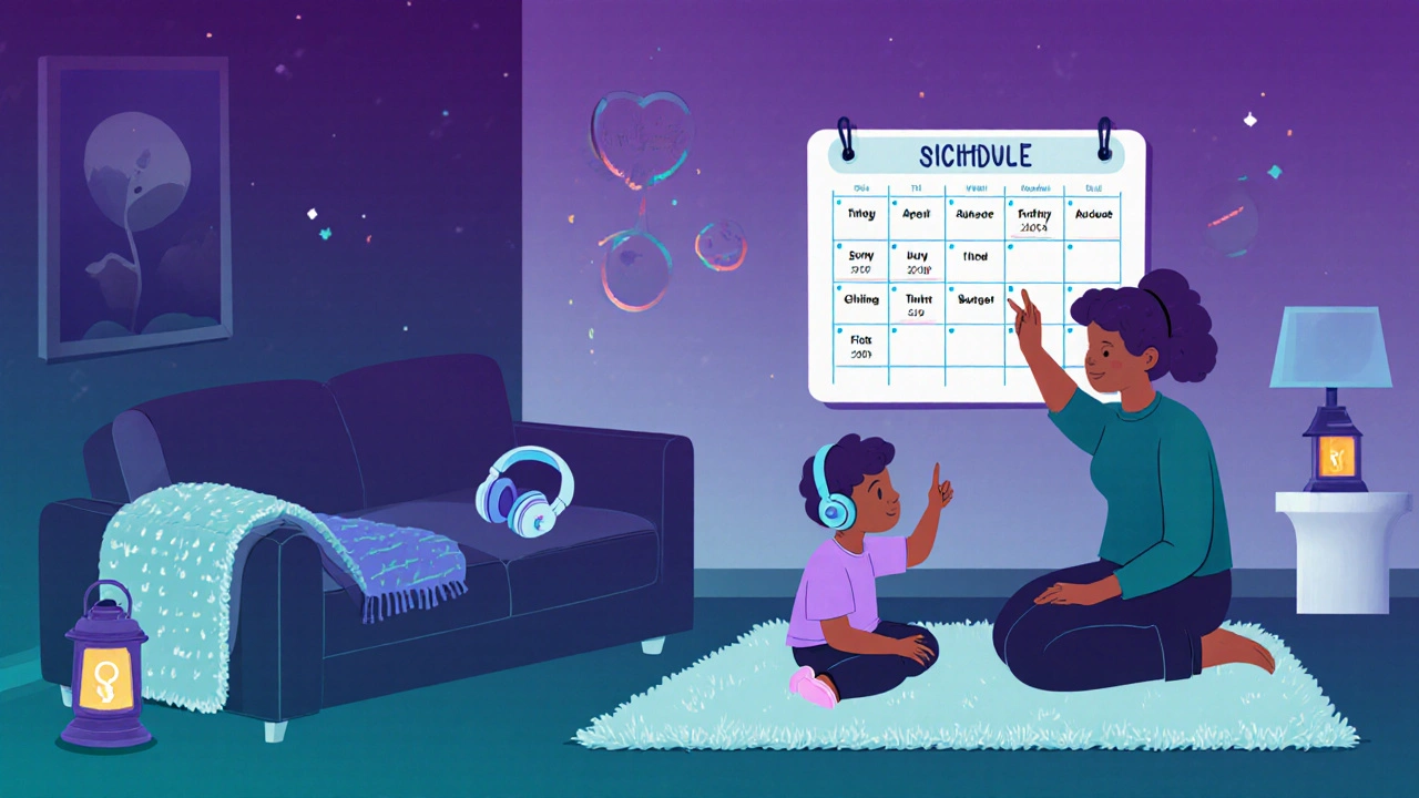 Cozy living room with calm‑down zone, visual schedule, and parent teaching first‑then.