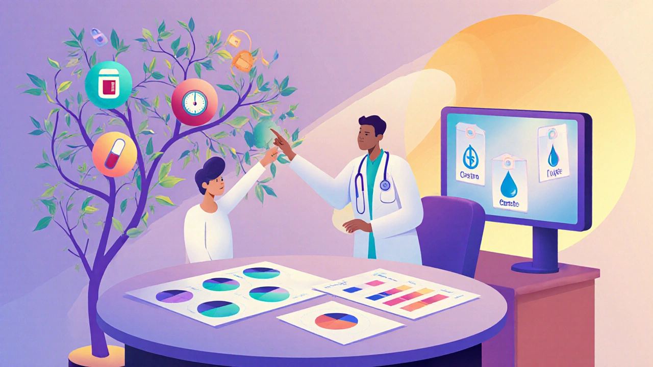 Doctor and patient reviewing a decision tree with lab test and cost icons.