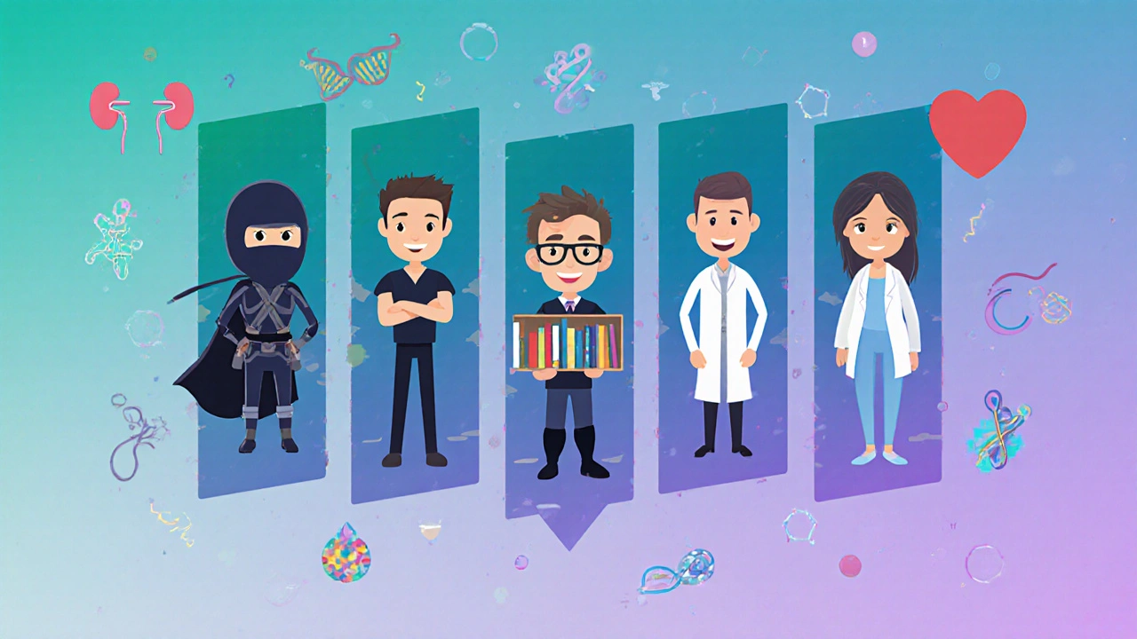 Five cartoon characters representing different immunosuppressants with related icons.