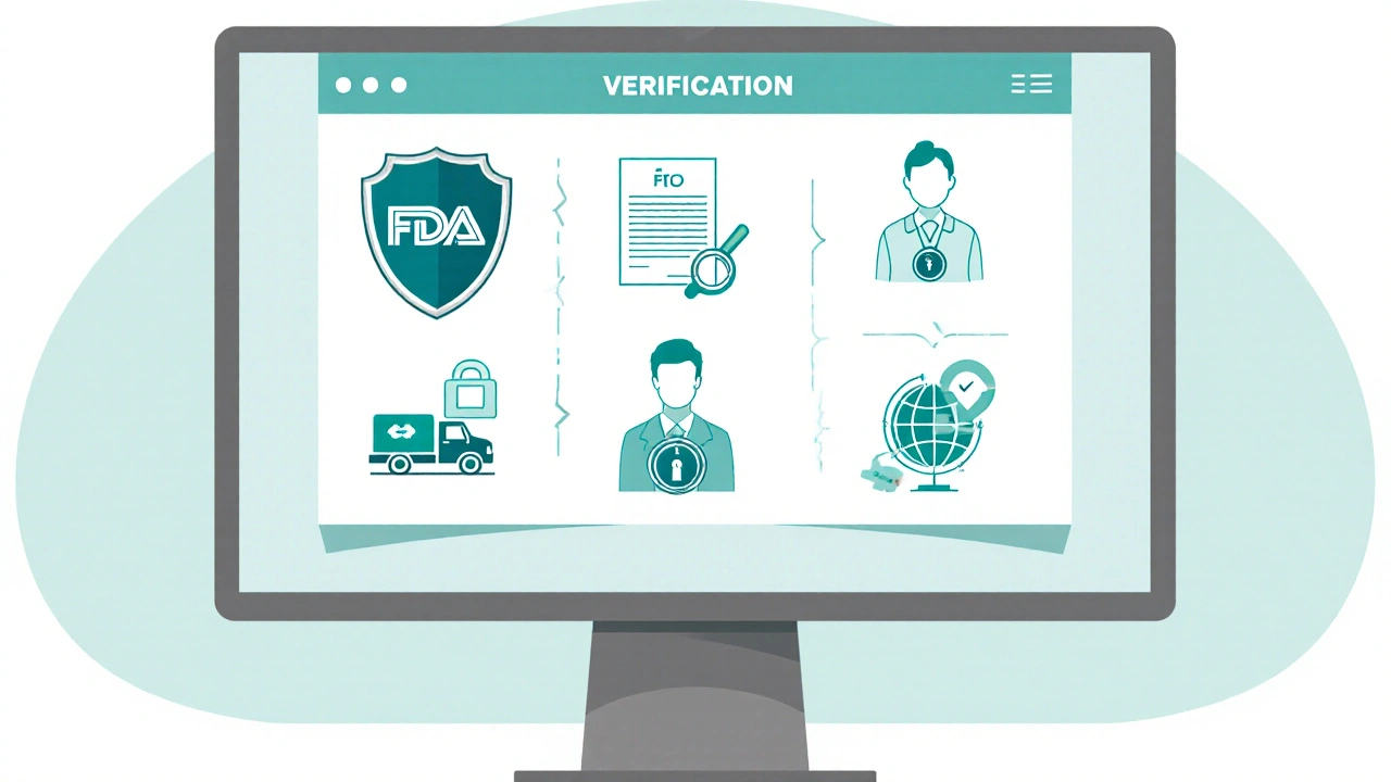Flat illustration of a digital checklist showing pharmacy verification icons.