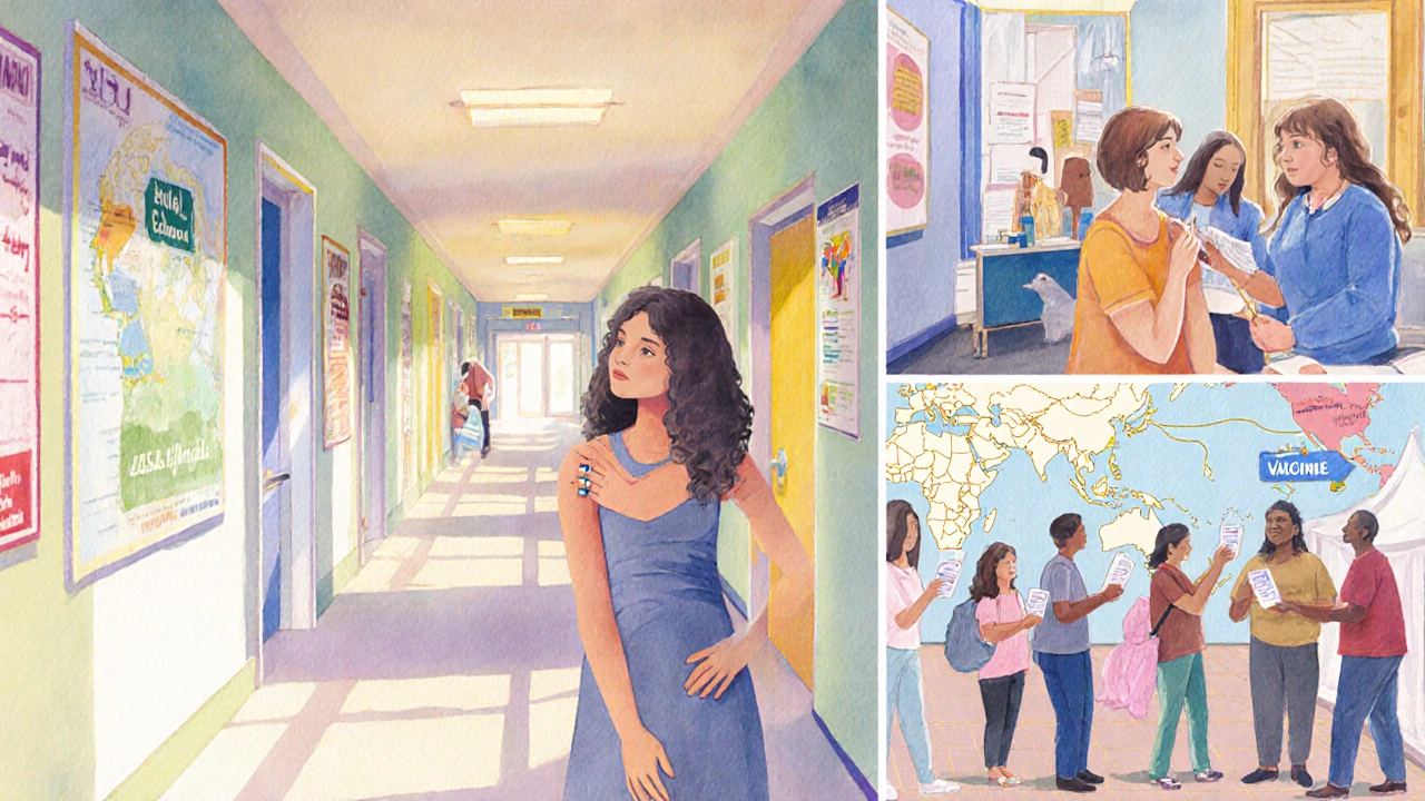 Future vaccine rollout: teen getting shot at school, pregnant woman at clinic, and community health booth.