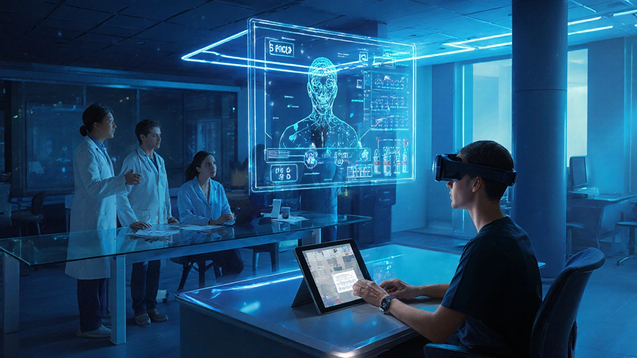 Futuristic cancer centre hub with team around holographic data and patient on video call.