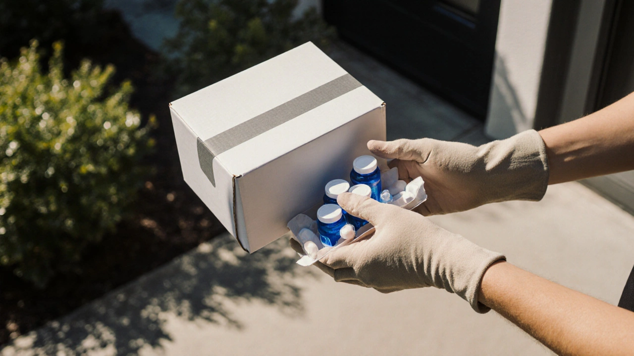Hand receiving a plain box that reveals generic Viagra pills inside.
