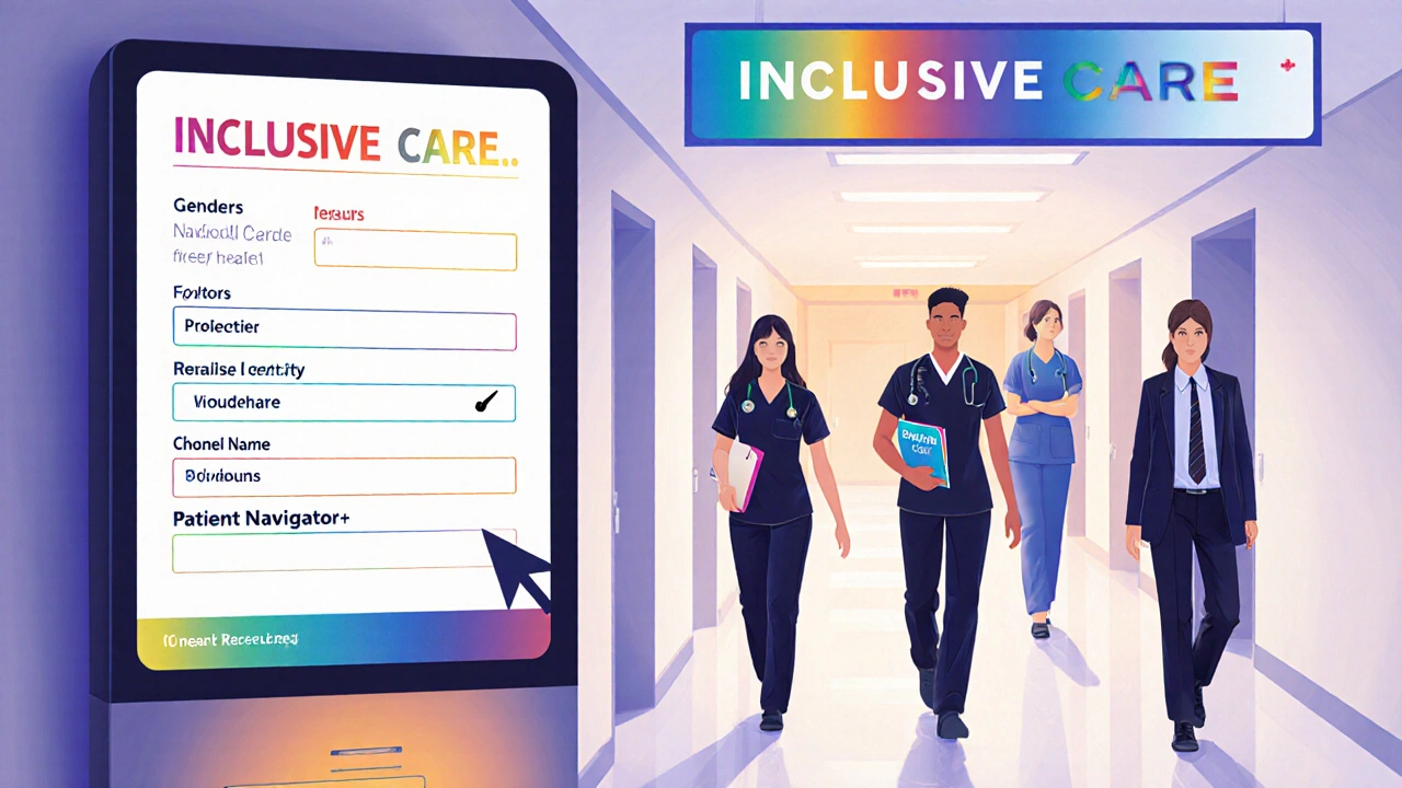 Hospital hallway with inclusive EHR kiosk, rainbow banner, and staff promoting equitable care.