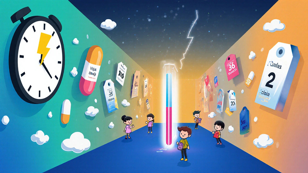 Illustrated comparison with clocks, timeline bars, and price tags showing onset, duration, and cost of ED meds.