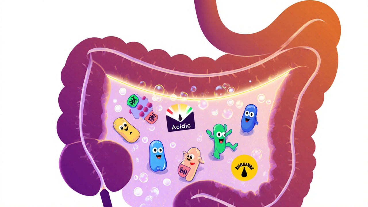 Illustrated gut with friendly probiotics fighting harmful bacteria and lowering pH.