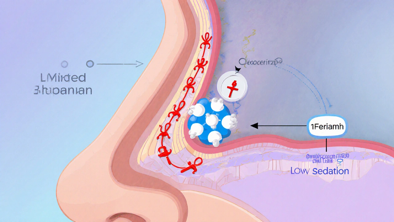 Illustration of levocetirizine binding to nasal H1 receptors, showing low brain penetration.
