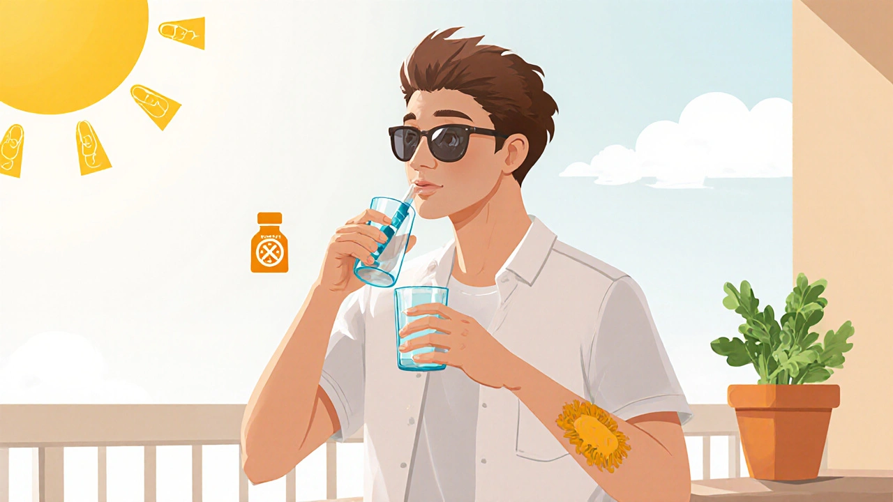 Individual taking tetracycline capsule with water while using sun protection.