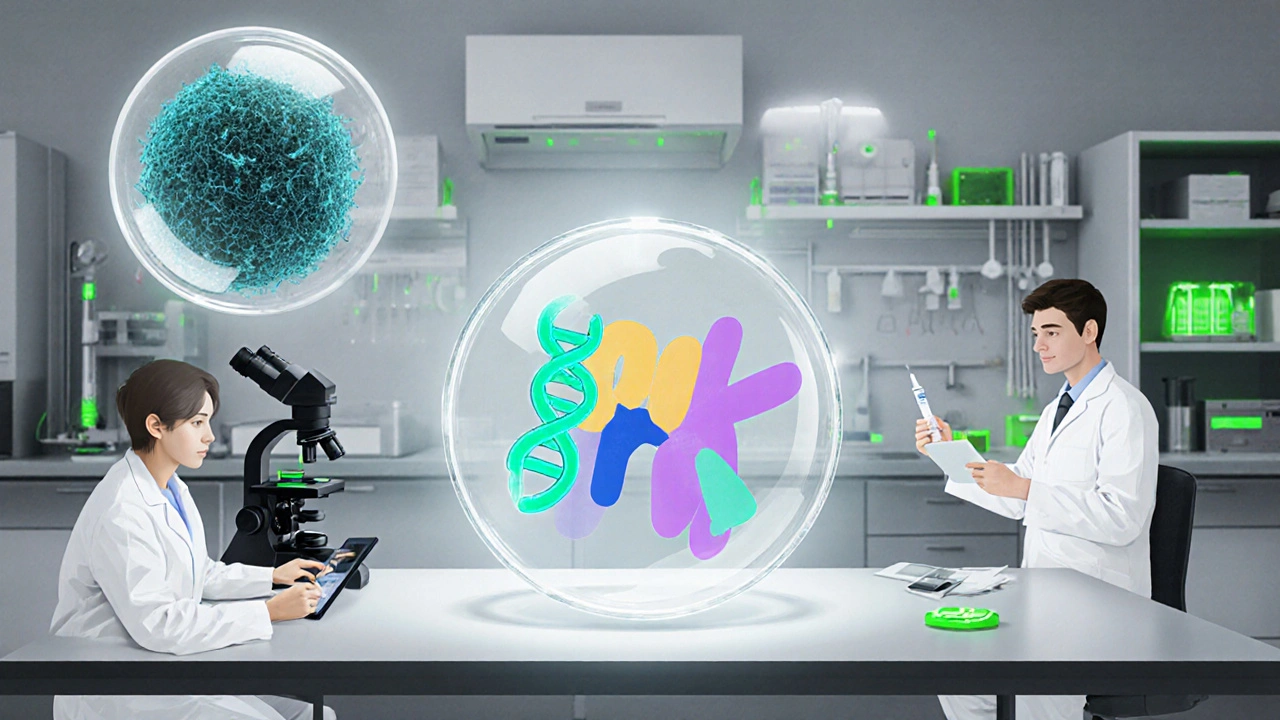 Laboratory scene showing TprK protein model, DNA plasmid, and whole Treponema pallidum under microscope.