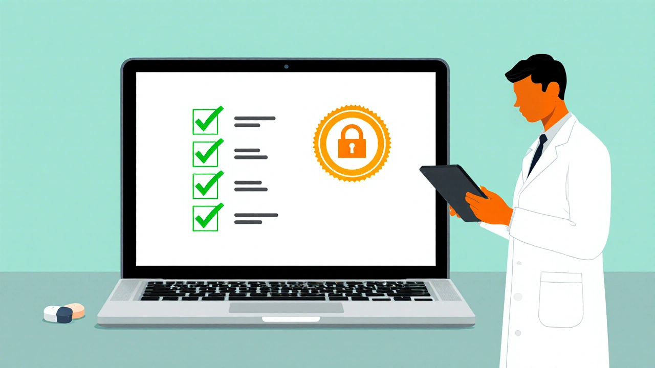 Laptop screen showing checklist icons and a pharmacist silhouette on a desk.
