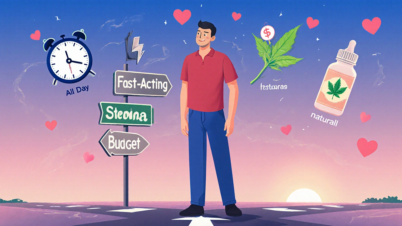 Man at a crossroads choosing between Cialis, Stendra, generic tadalafil, and a herbal supplement.