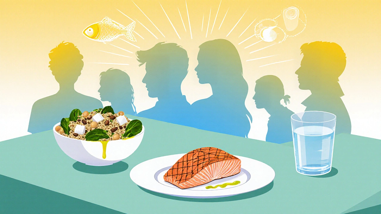 Mediterranean foods like salmon and quinoa displayed on a pastel table, highlighting hair‑friendly nutrients.
