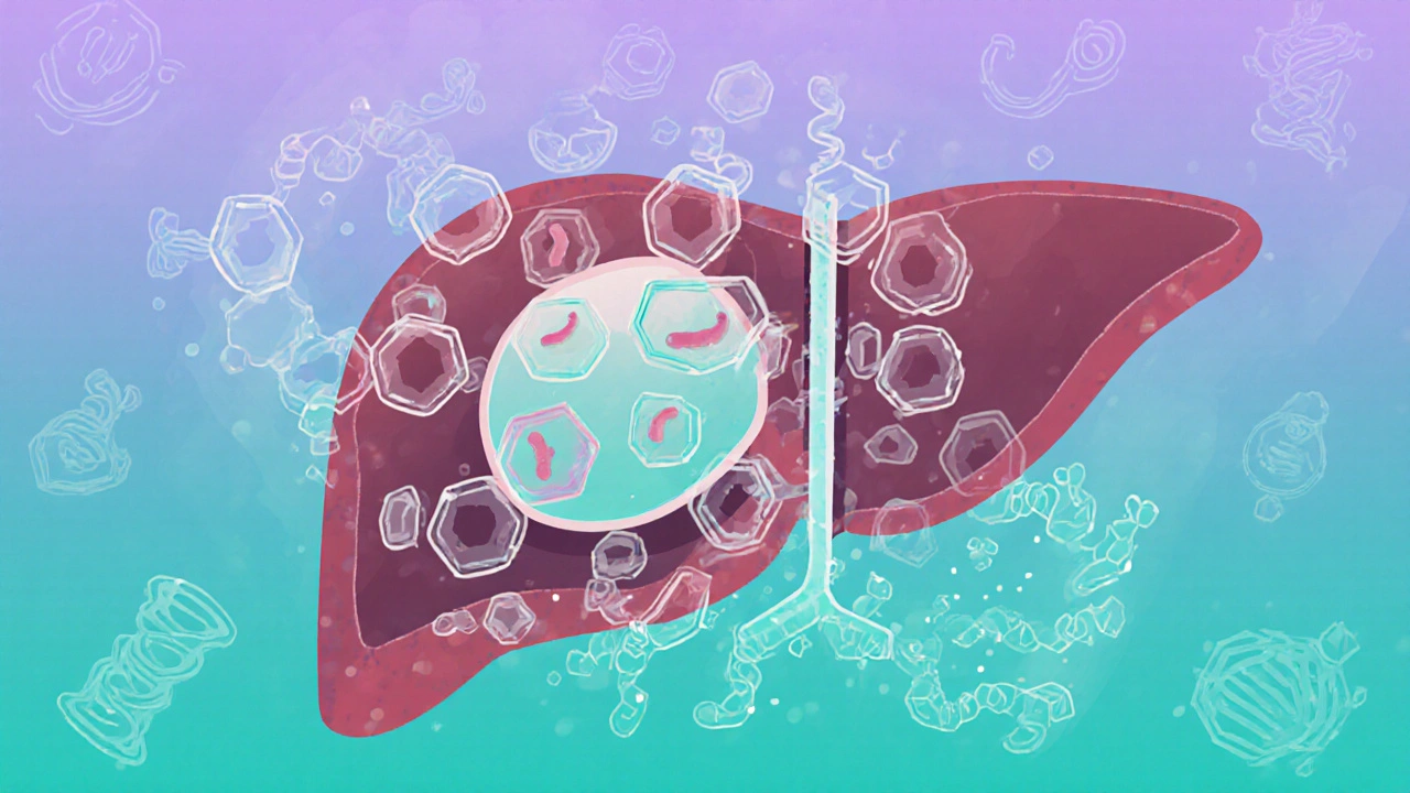 Microscopic view of albendazole molecules neutralizing a liver cyst, with worms fading as glucose chains dissolve.
