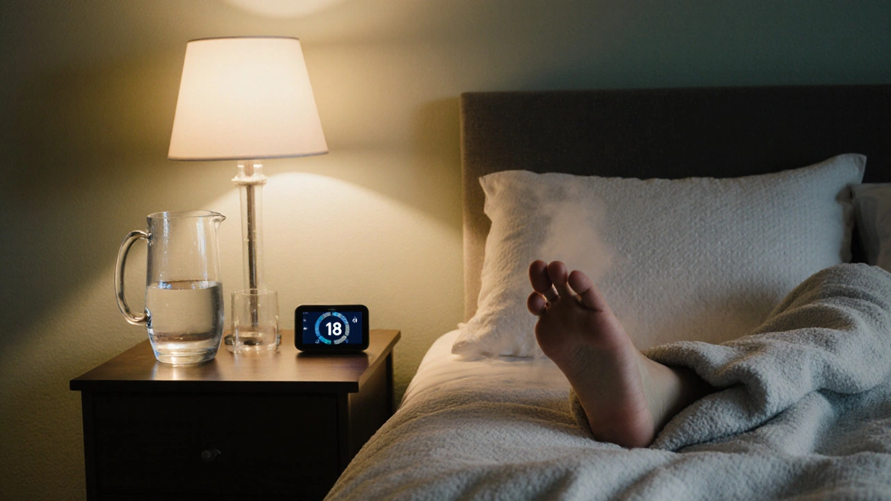 Nightstand with water glass, elevated foot on pillows, and thermostat set to 18 °C in a calming bedroom.