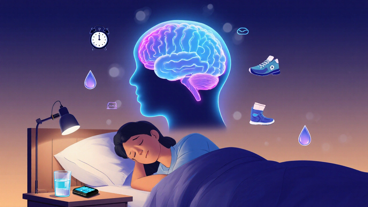 Nighttime scene of a person sleeping beside an Irbesartan organizer, water glass, and wellness icons around a calm brain.