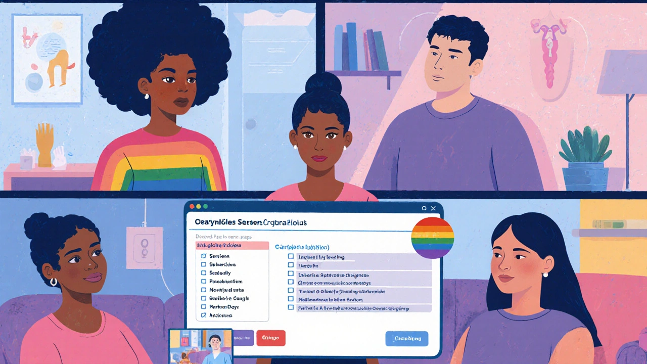 Online LGBTQ+ ovarian‑cancer support group video call with diverse participants and counselor.
