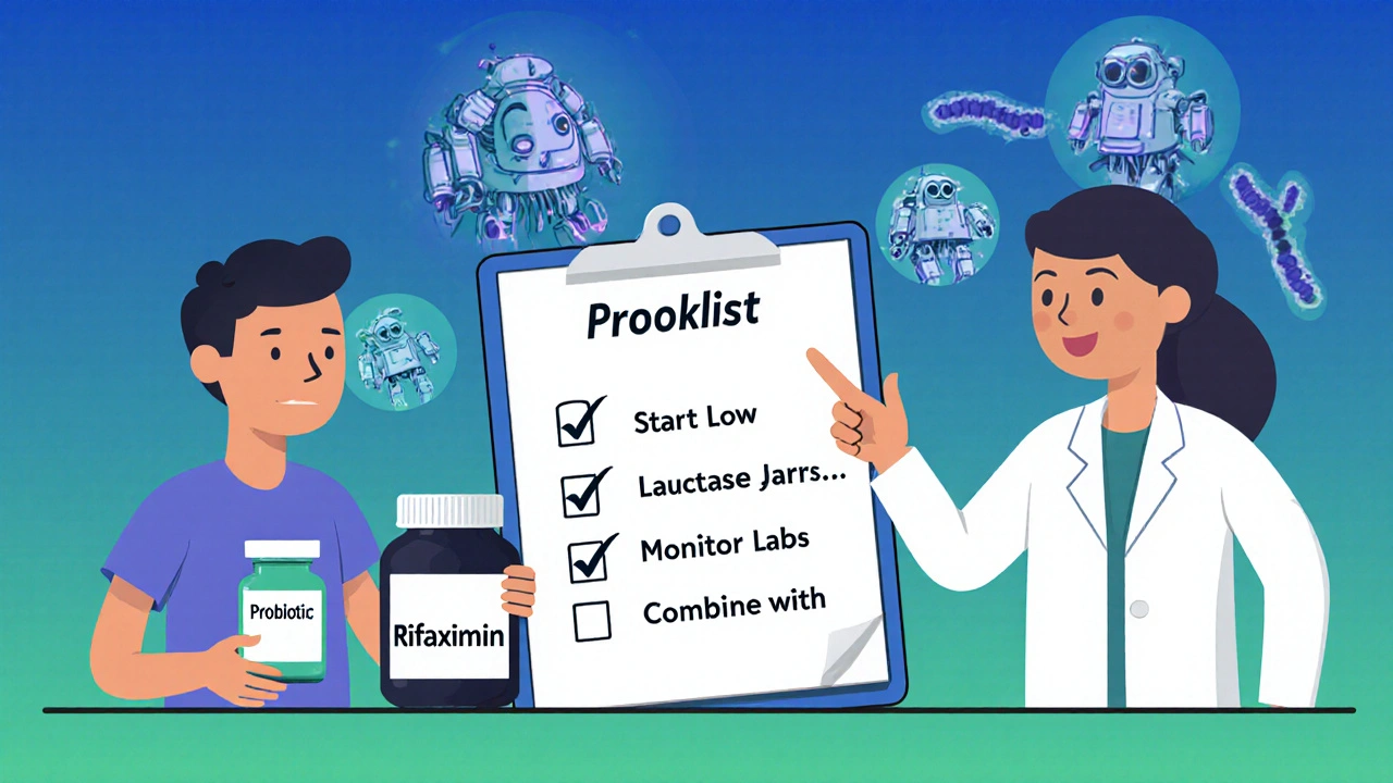 Patient checklist with probiotics, lactulose, doctor, and futuristic microbes.