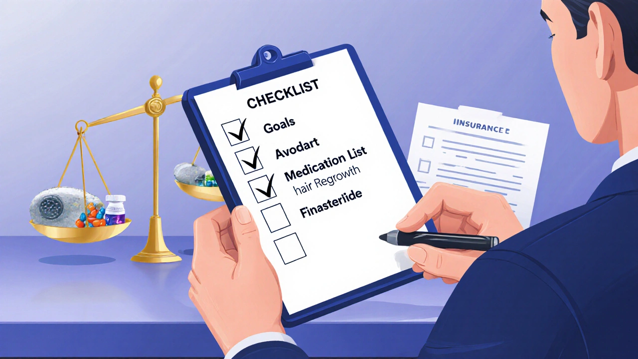 Patient reviews a checklist while a scale balances Avodart against finasteride and herbal options.
