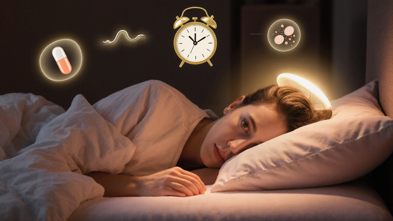 Peaceful sleeper with fading crystal symbols and medication clock, showing relief from gout at dawn.
