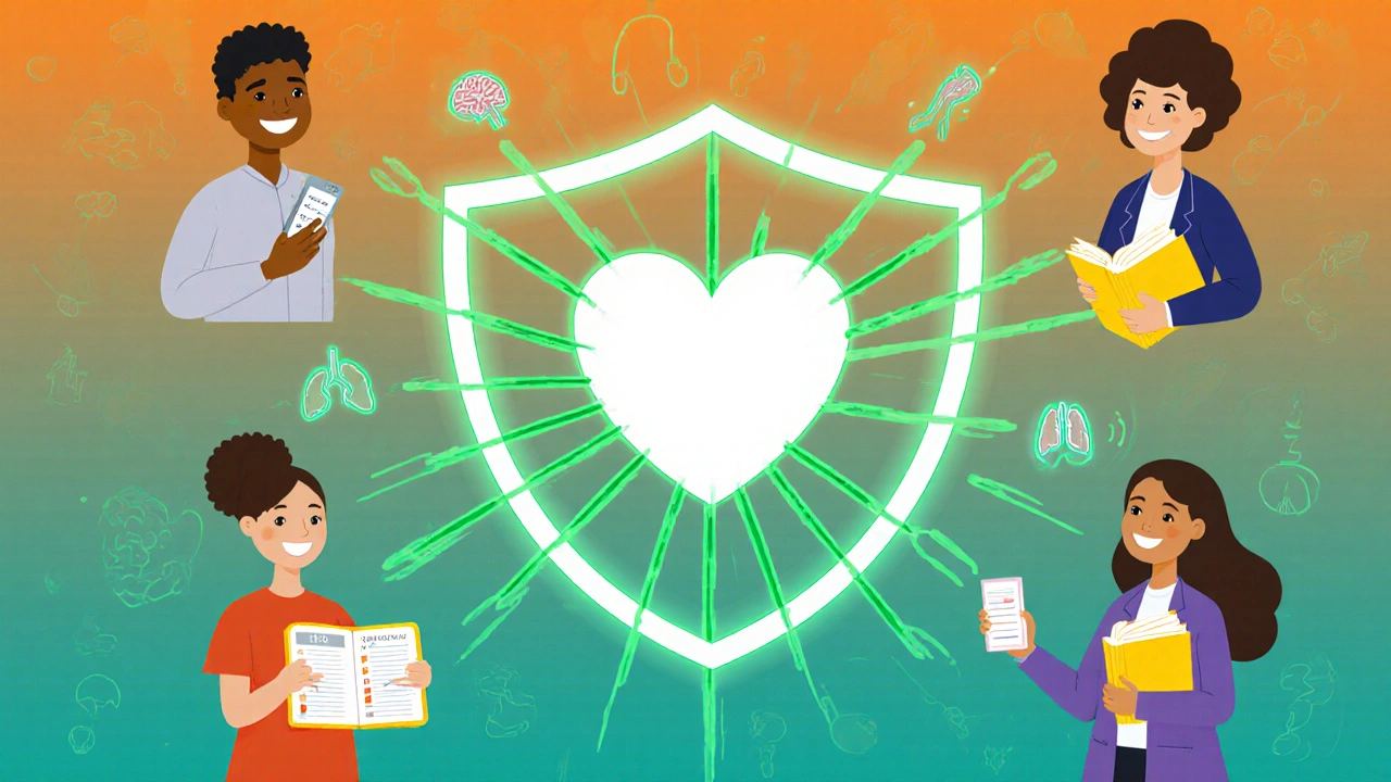 People using reminders and record books, protected by a glowing shield of safety.