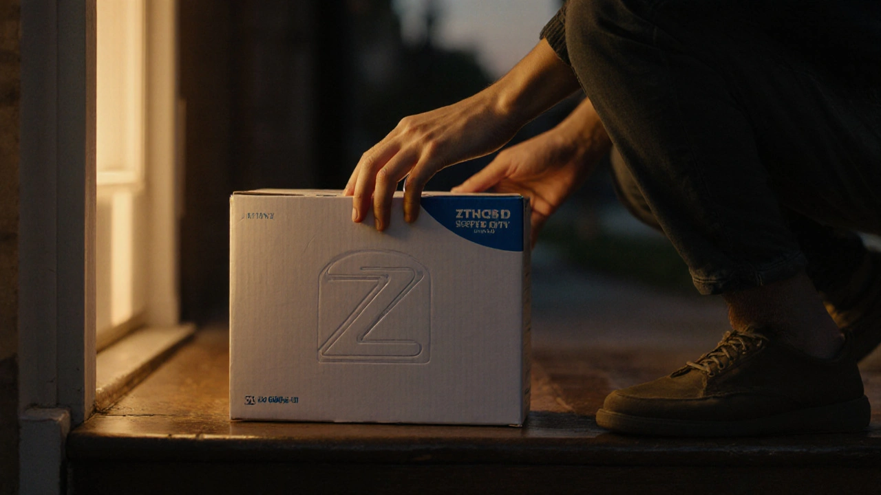 Person opening a sealed delivery box on a doorstep at twilight.