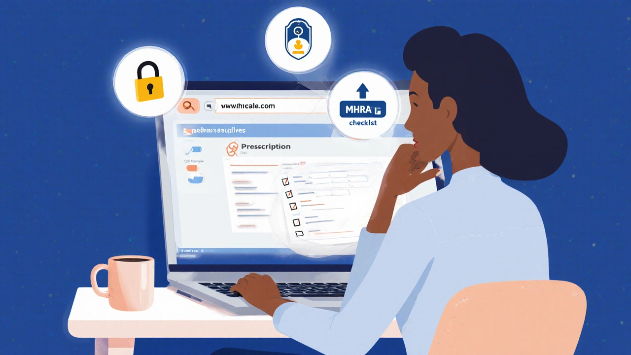 Person reviewing an online pharmacy safety checklist on a laptop.