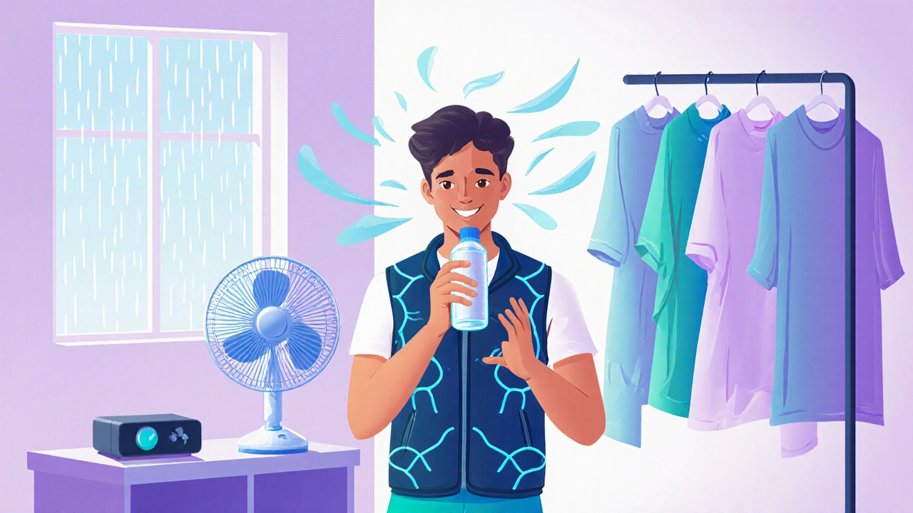 Person wearing cooling vest, applying antiperspirant, and drinking water near fan.
