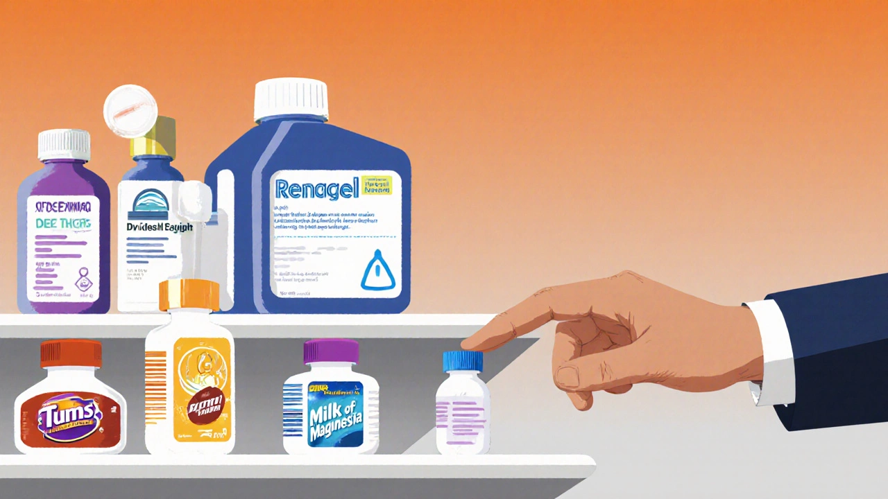 Pharmacy shelf with expensive prescription binders towering over OTC antacids, a hand stopping a patient.