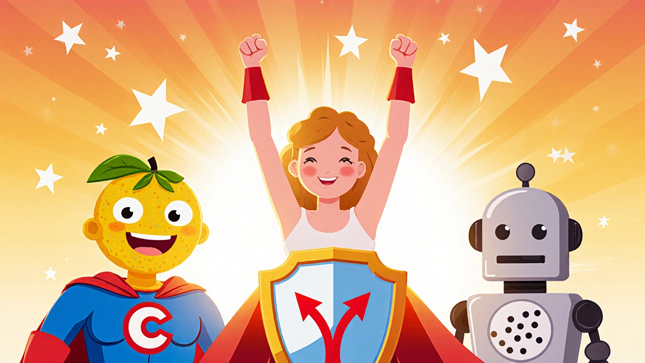 Radiant woman with glowing skin beside smiling Vitamin C and Azelaic Acid mascots.