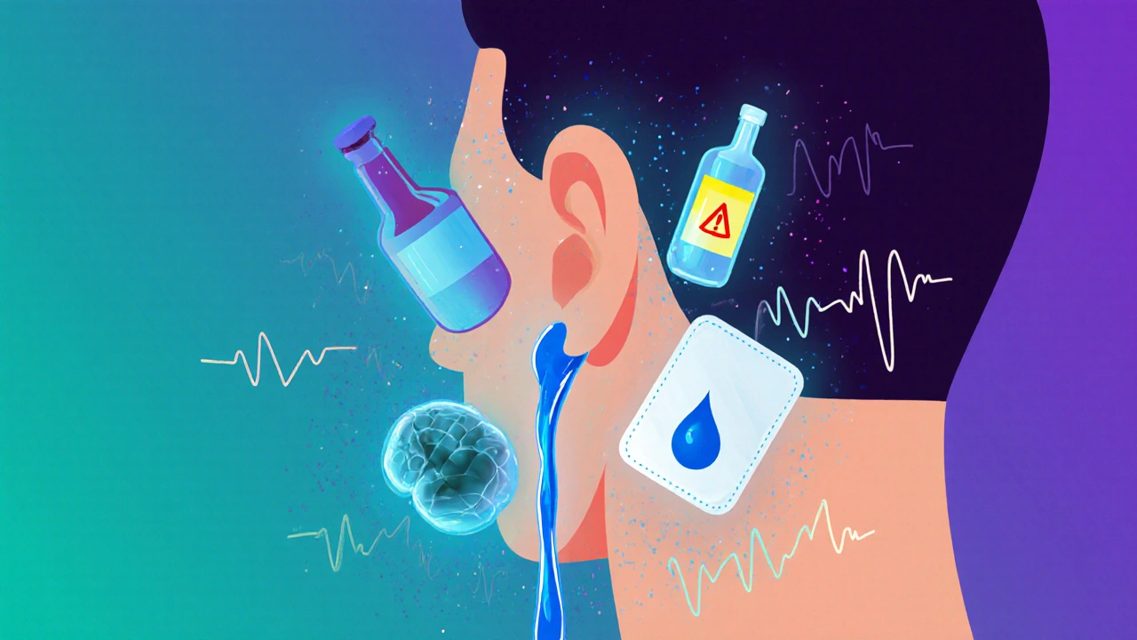 Scopolamine patch leaking into alcohol, sleeping pill, and CBD, forming a dangerous brainwave vortex.