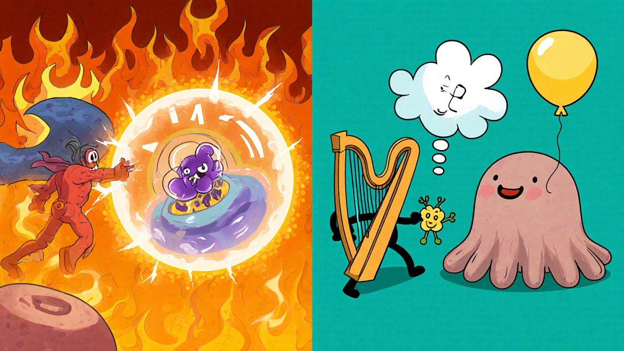 Split cartoon scene comparing Th1 response to T. gondii and Th2 response to helminths.