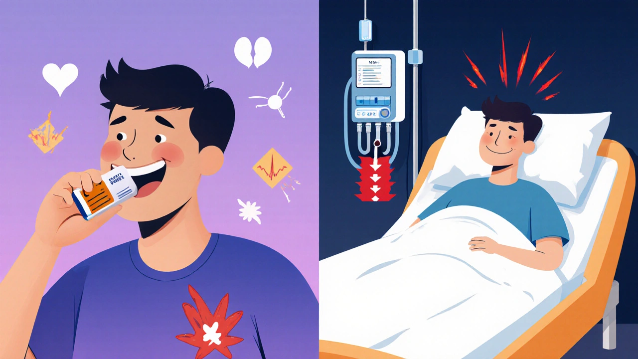 Split scene: casual antacid use vs. hospital emergency due to kidney disease complications.