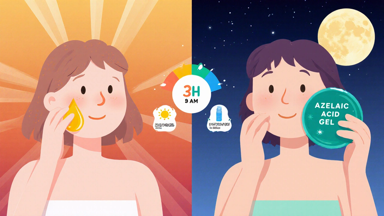 Split scene of morning Vitamin C serum application and evening azelaic acid gel use with pH scale.