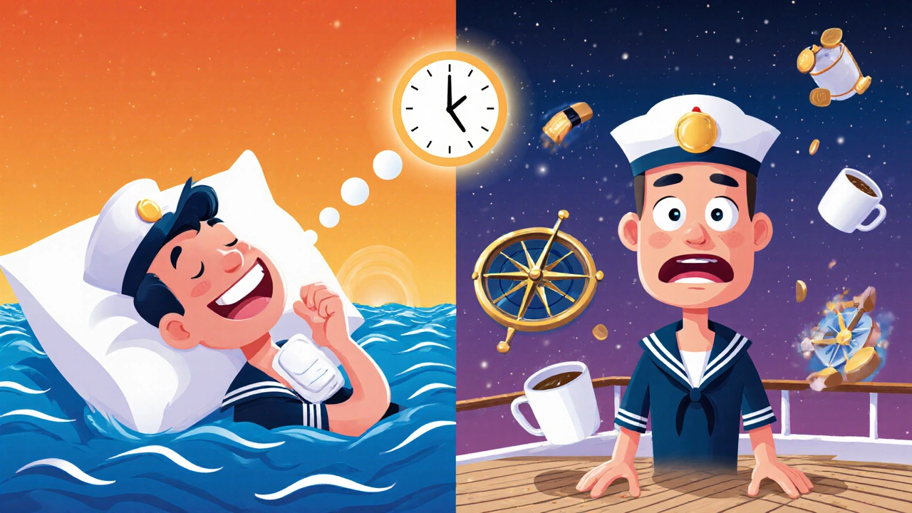Split scene: peaceful sleeper vs. disoriented sailor, with a 72-hour clock above showing prolonged effects.