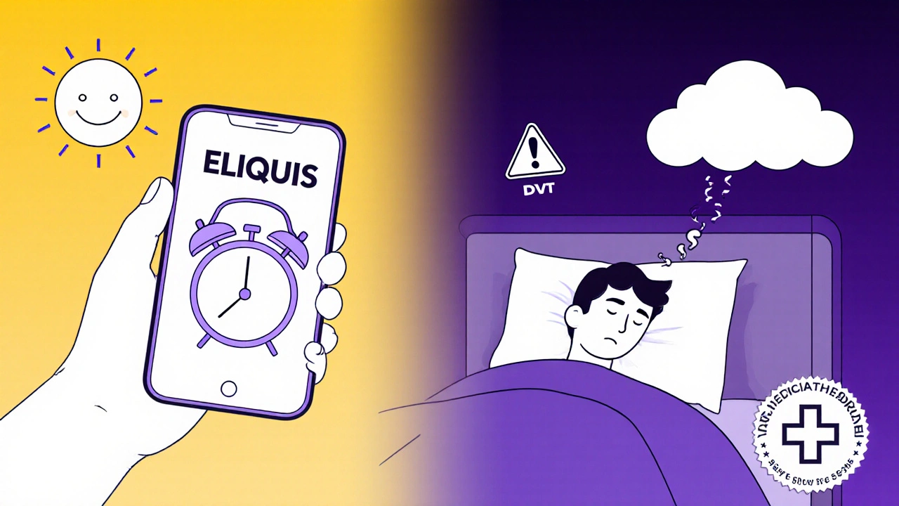 Split scene: person setting alarm for blood thinner vs. sleeping through it with warning symbols.