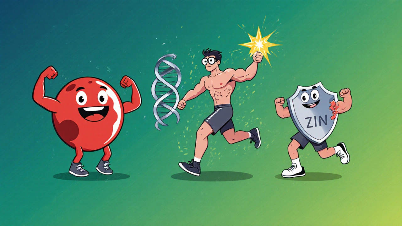 Three nutrient mascots (iron, folic acid, zinc) help a sweating athlete lift weights.