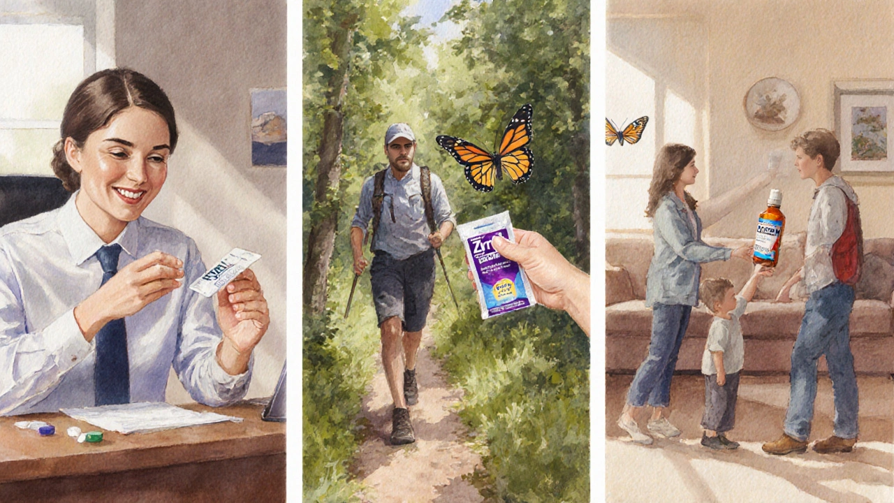 Three scenes: office worker with Xyzal, hiker with Zyrtec, family using budget antihistamine.