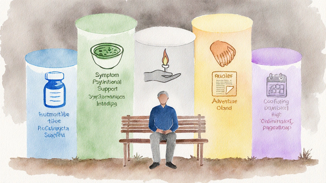 Watercolor scene showing six caring pillars surrounding a patient in a calm setting.