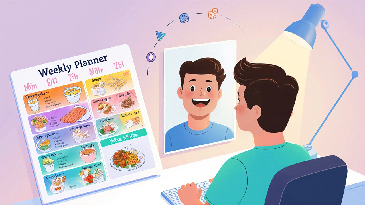 Weekly meal planner cards with illustrated dishes and a man showing thicker hair in a gradient cartoon illustration.