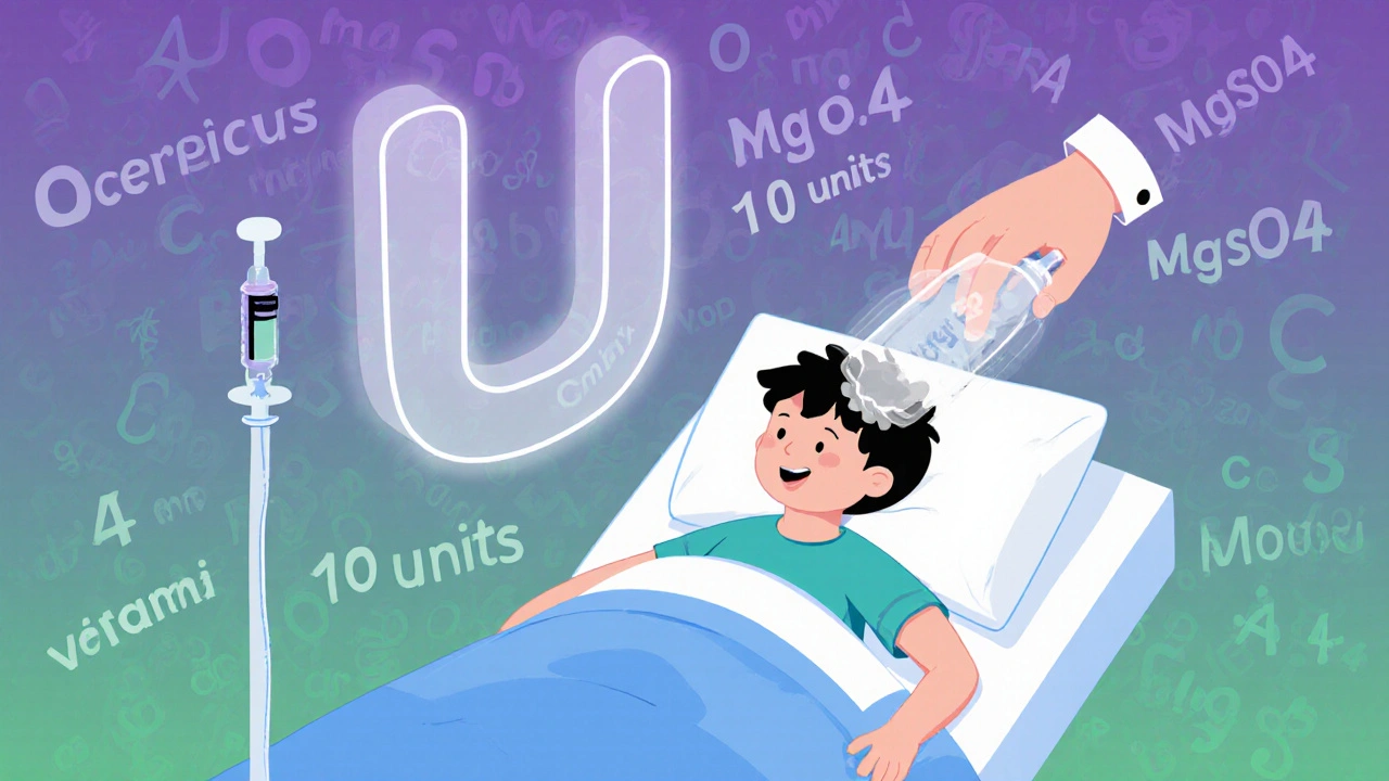 A child in hospital bed with a glowing &#039;U&#039; above transforming from dangerous &#039;100 units&#039; to safe &#039;10 units&#039;.