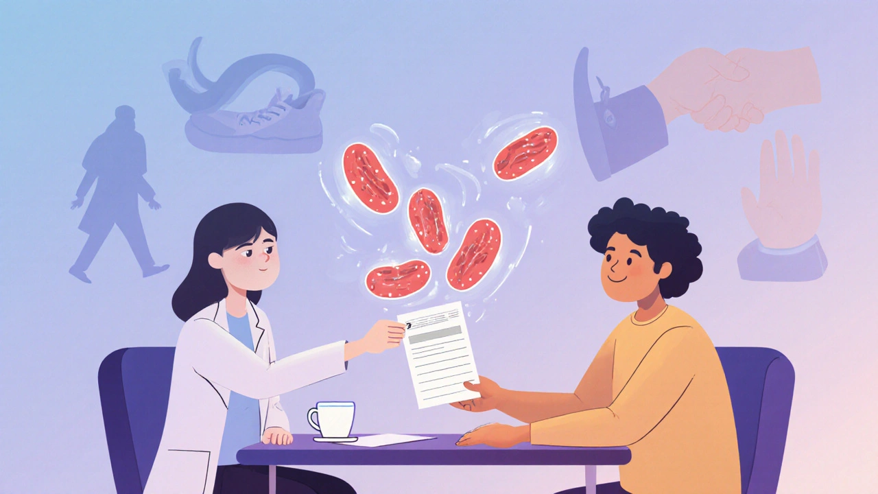 A doctor and patient sharing a hopeful moment as a prescription transforms into glowing blood vessels.